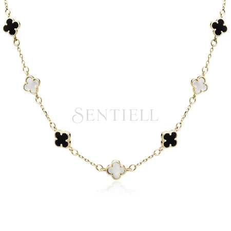 Srebrny pozłacany naszyjnik pr.925 z czarnym onyksem i masą perłową - czterolistna koniczynka