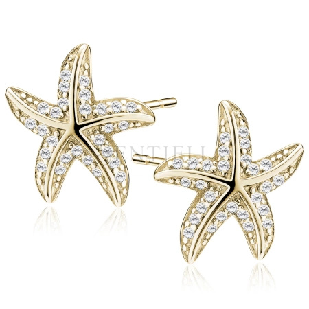 Srebrne pozłacane kolczyki pr. 925 rozgwiazdy z białymi cyrkoniami