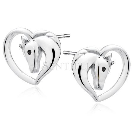 Srebrne kolczyki pr. 925 serce - koń z czarnym okiem