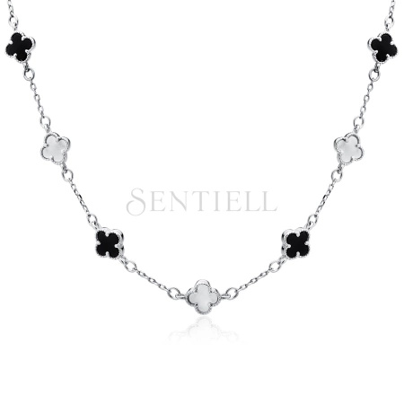 Srebrny naszyjnik pr.925 z czarnym onyksem i masą perłową - czterolistna koniczynka