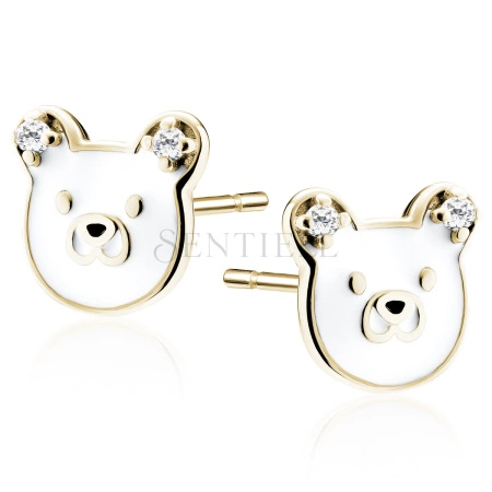 Srebrne pozłacane kolczyki pr.925 emaliowane - misie z białymi cyrkoniami